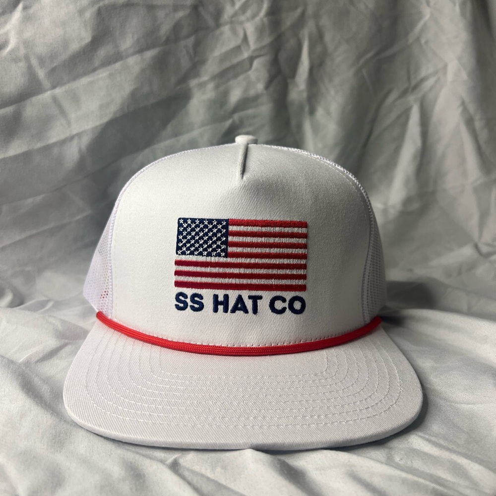 White Trucker Hat with American Flag